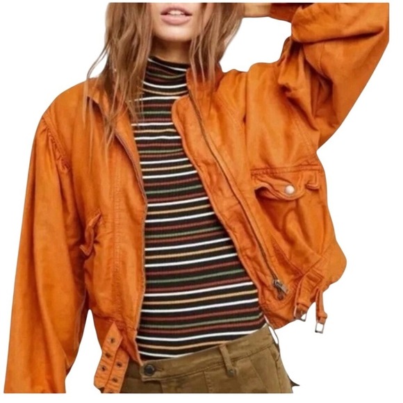 Free People Jackets & Blazers - Free People Poet Puff Sleeve Bomber Jacket Orange Oversized Linen Blend Size M